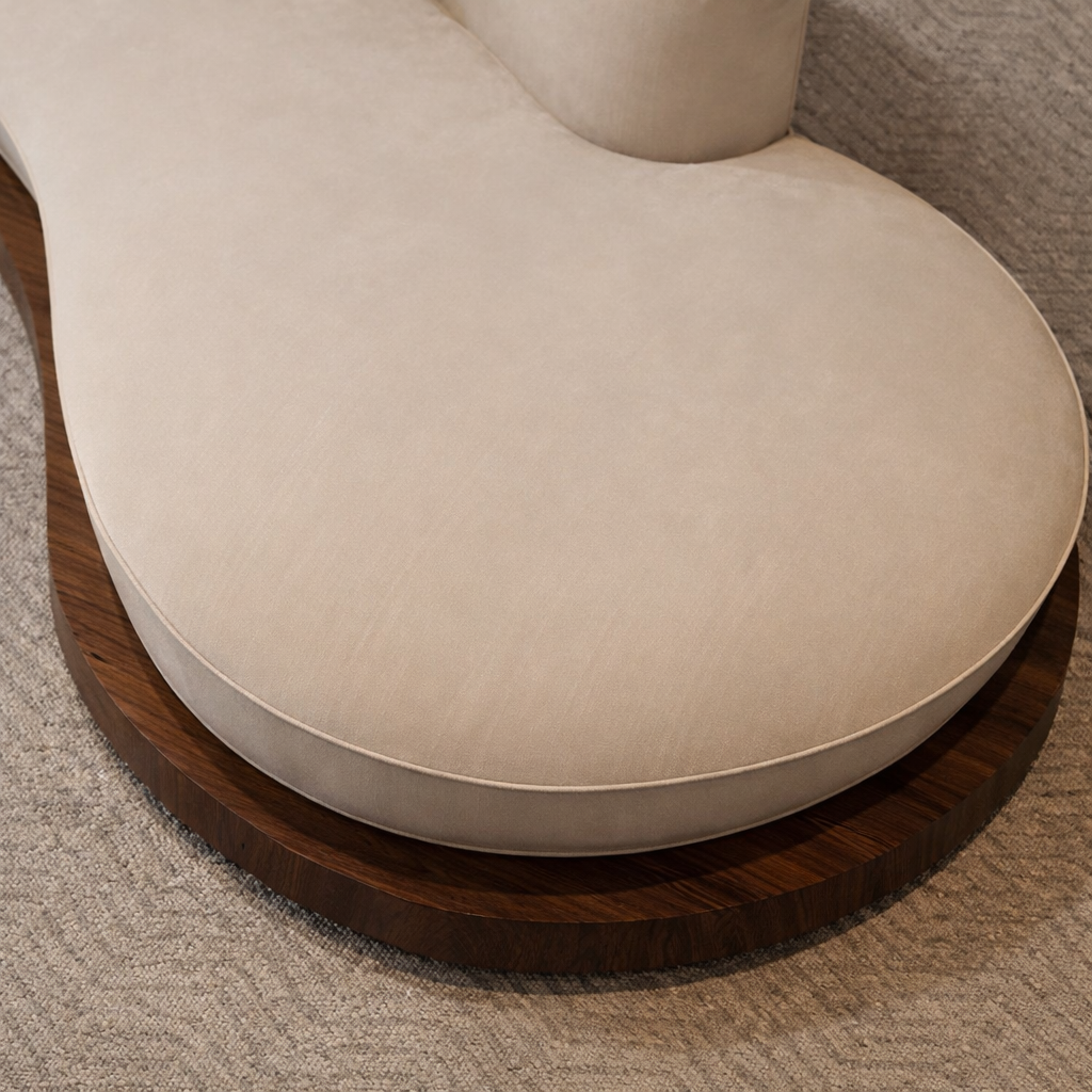 Modern Upholstered Curved Chaise Sofa With Wood Platform Base For Living Room