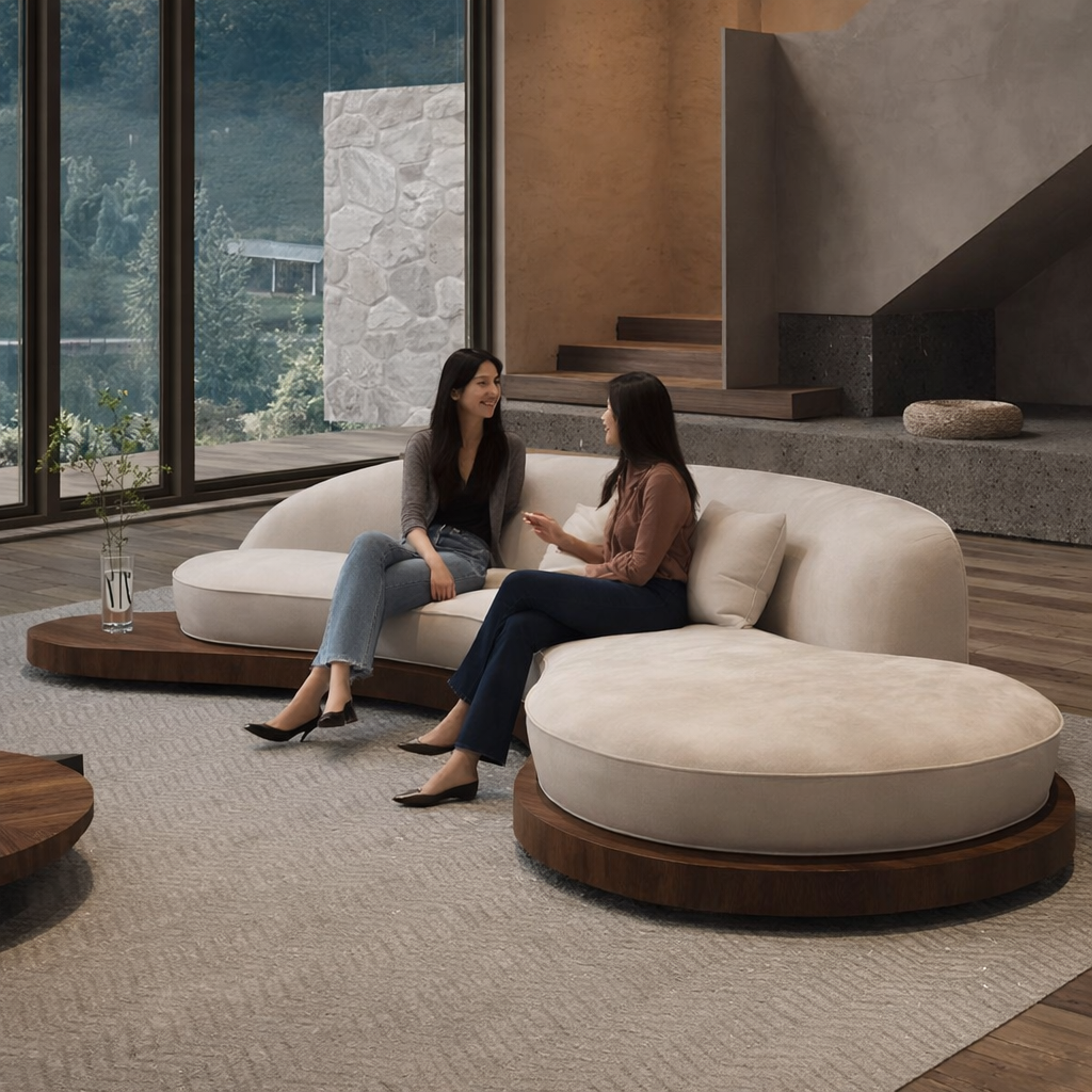 Modern Upholstered Curved Chaise Sofa With Wood Platform Base For Living Room