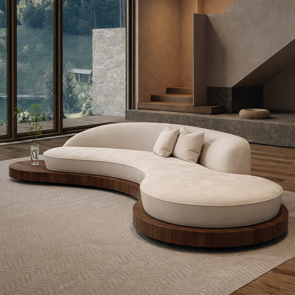 Modern Upholstered Curved Chaise Sofa With Wood Platform Base For Living Room