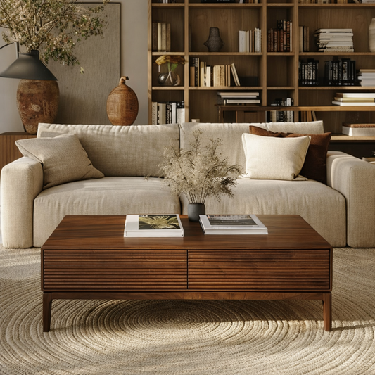 Modern Wooden Coffee Table With Fluted Drawer Fronts And Two Storage Drawers For Living Room