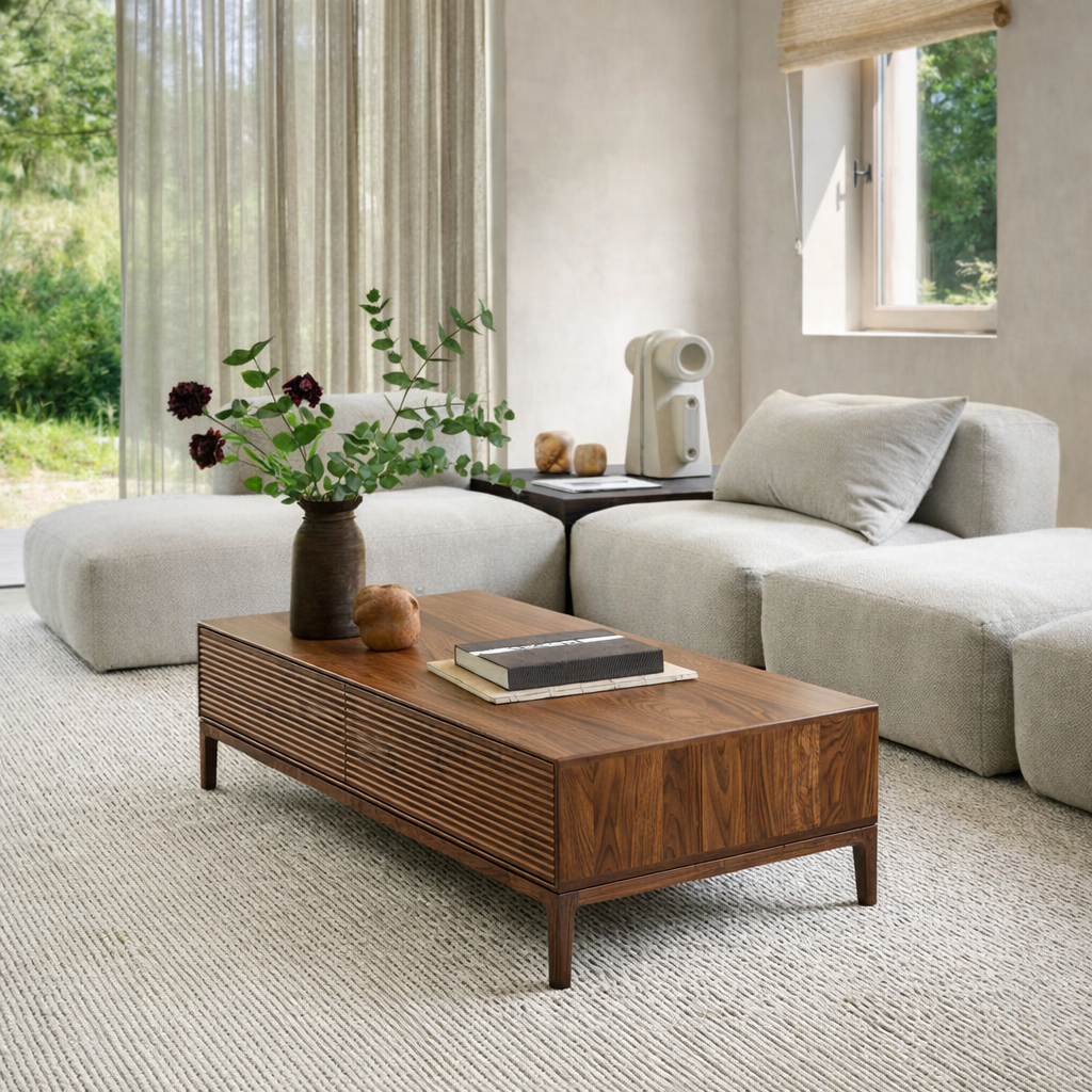 Modern Wooden Coffee Table With Fluted Drawer Fronts And Two Storage Drawers For Living Room