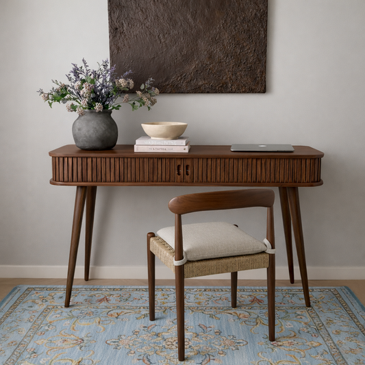 Modern Wooden Desk With Ribbed Front And Storage For Home Office
