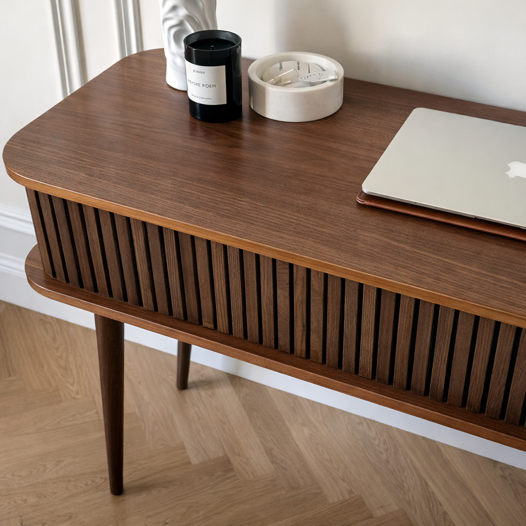 Modern Wooden Desk With Ribbed Front And Storage For Home Office