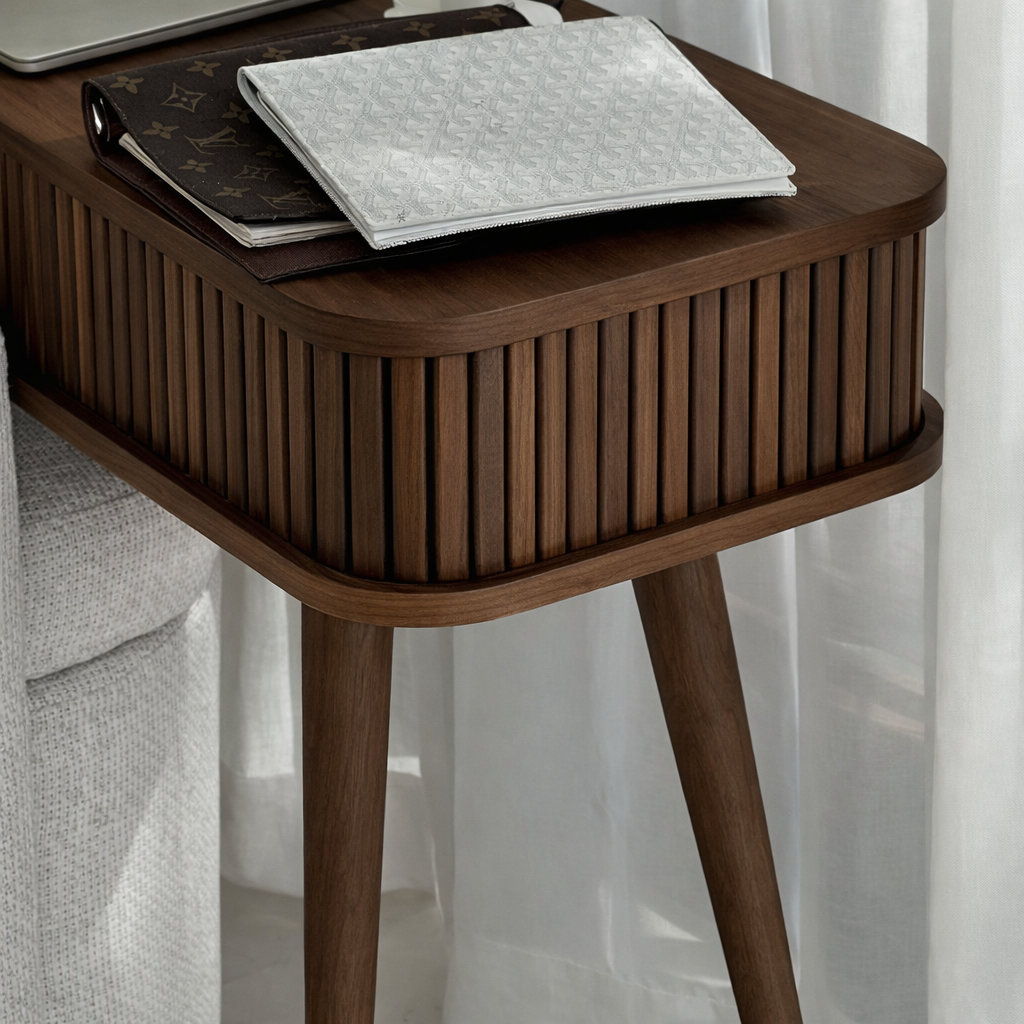Modern Wooden Desk With Ribbed Front And Storage For Home Office