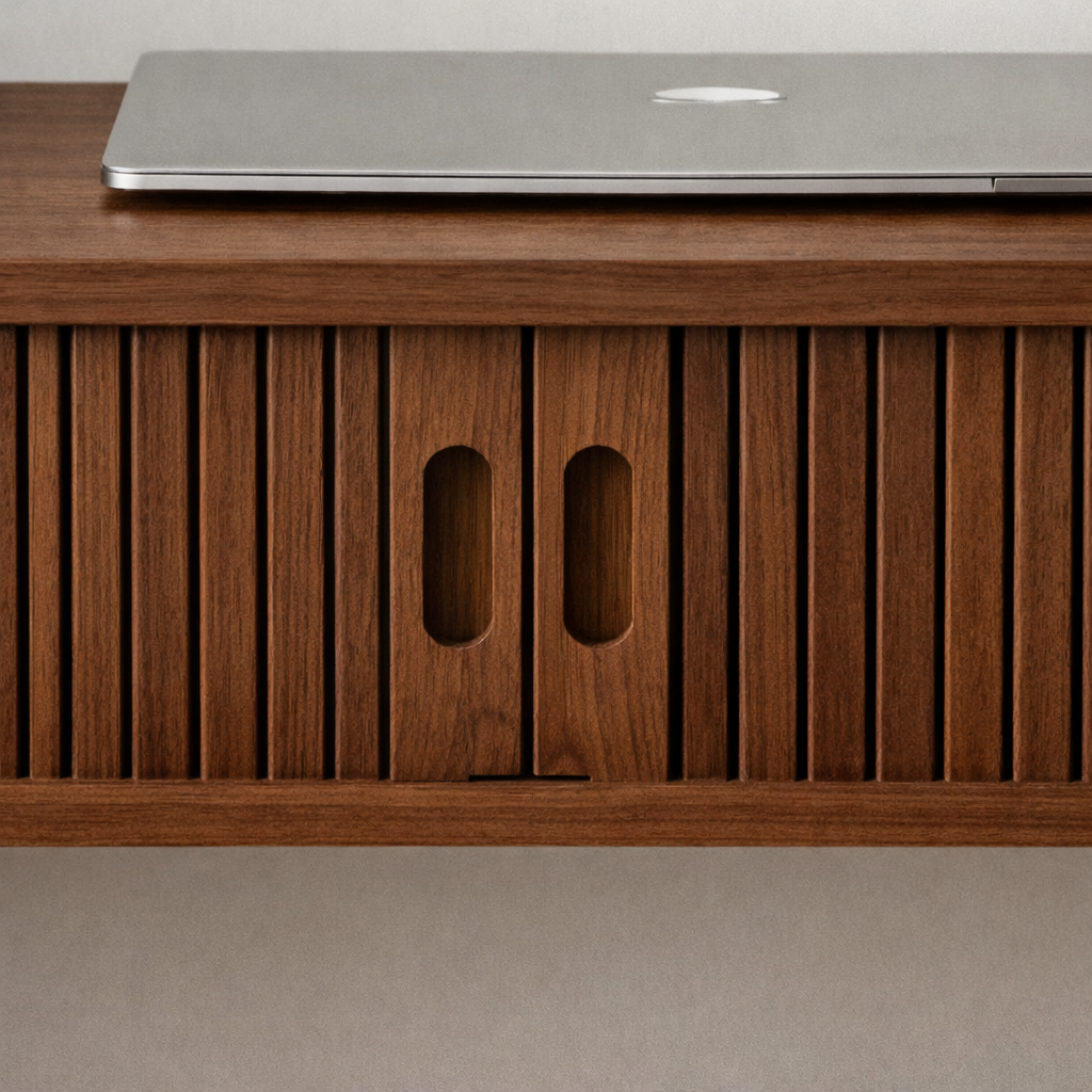 Modern Wooden Desk With Ribbed Front And Storage For Home Office