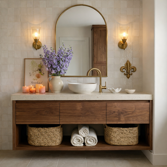 Modern Wooden Floating Bathroom Vanity With Faux Stone Top And Open Shelf For Bathroom