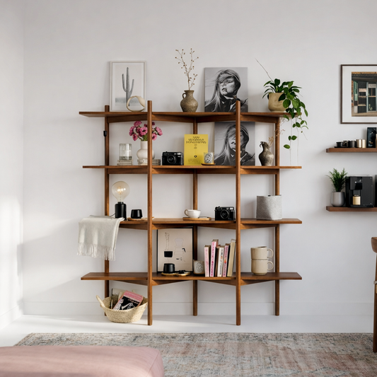 Modern Wooden Open Bookshelf With Asymmetrical Shelves For Office