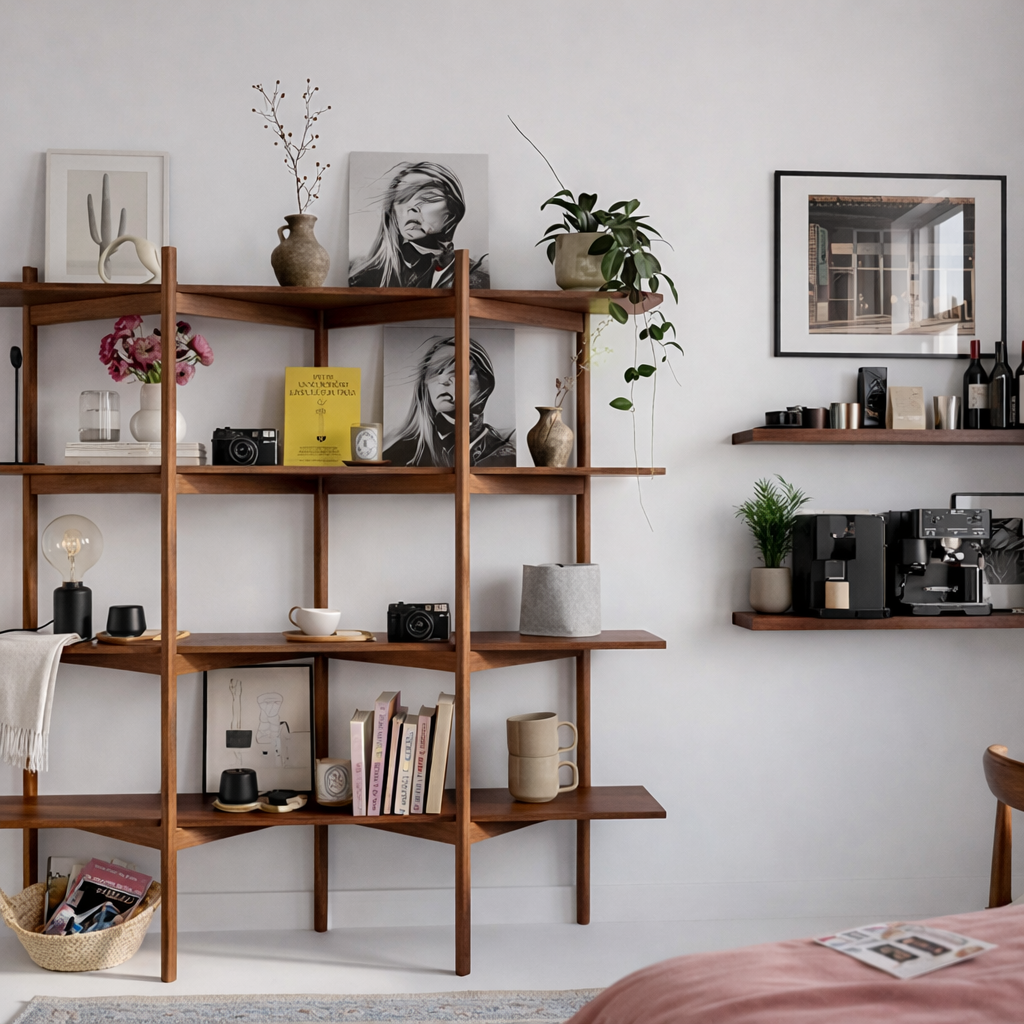 Modern Wooden Open Bookshelf With Asymmetrical Shelves For Office
