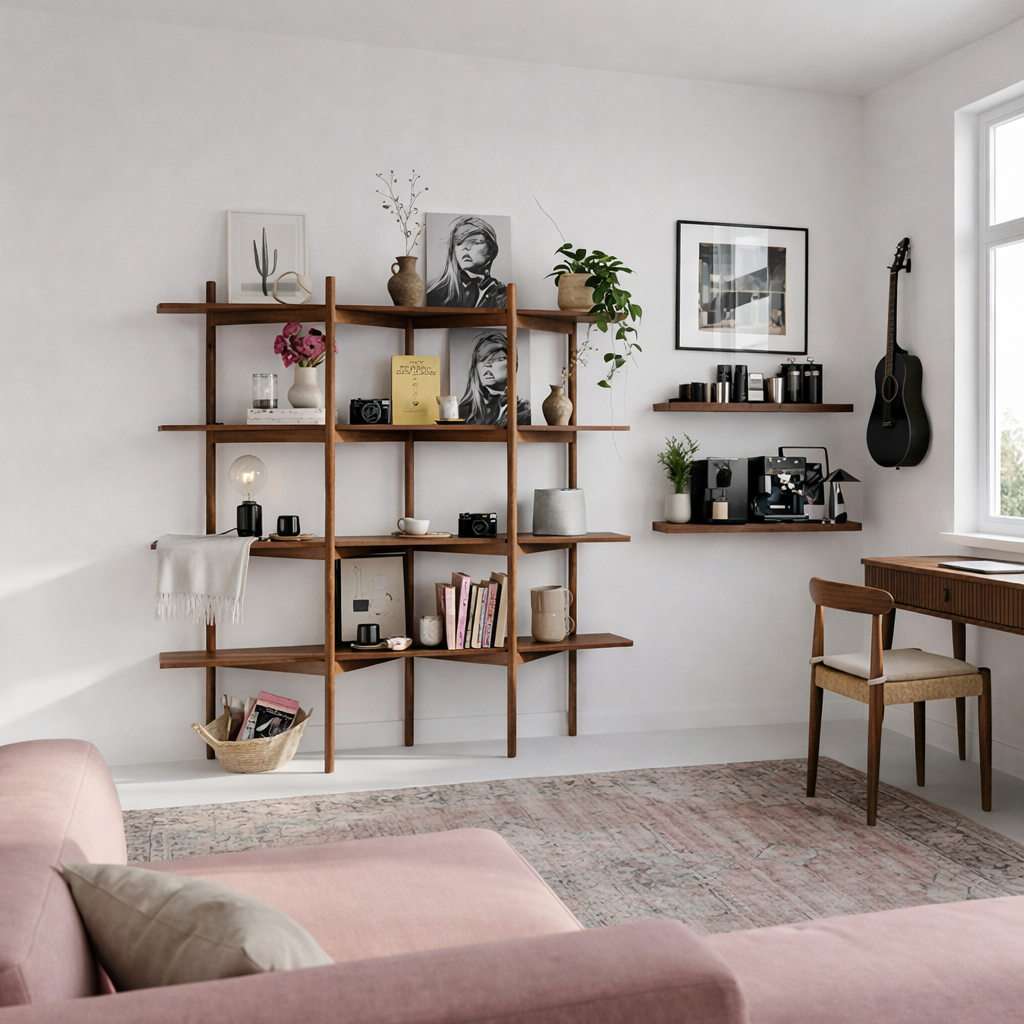 Modern Wooden Open Bookshelf With Asymmetrical Shelves For Office
