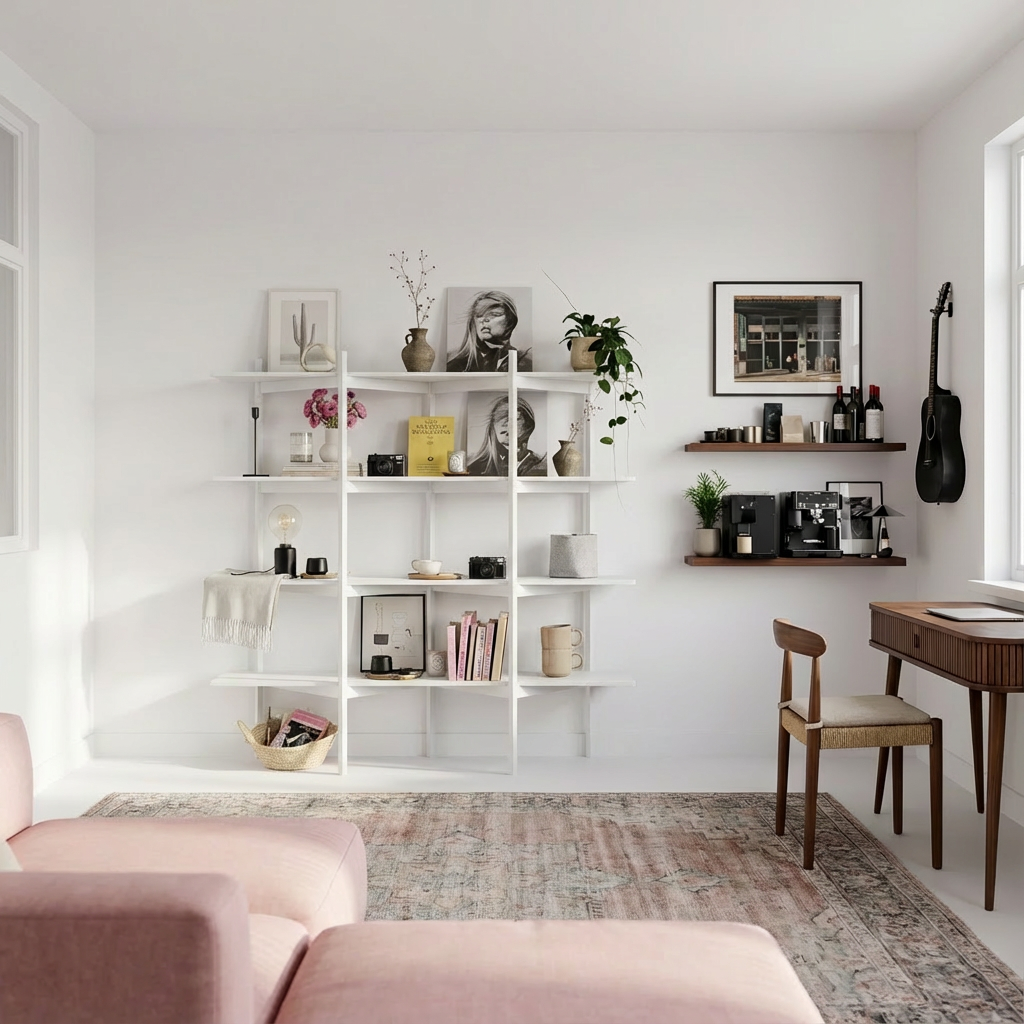 Modern Wooden Open Bookshelf With Asymmetrical Shelves For Office