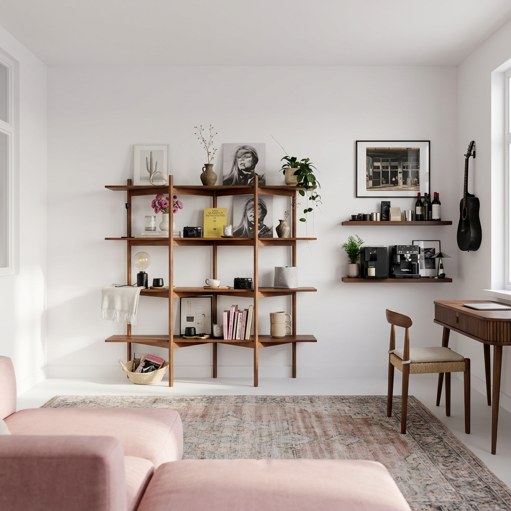 Modern Wooden Open Bookshelf With Asymmetrical Shelves For Office