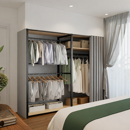 Modern Wooden Open Wardrobe Closet System With Hanging Rods And Shelving For Bedroom