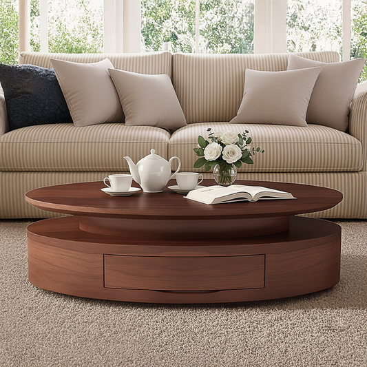 Modern Wooden Oval Coffee Table With Storage Drawers For Living Room