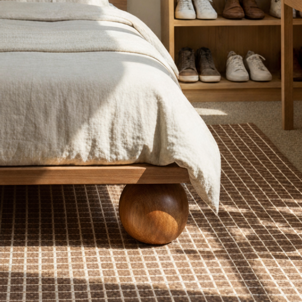 Modern Wooden Platform Bed With Round Ball Legs And Low Profile Frame For Bedroom