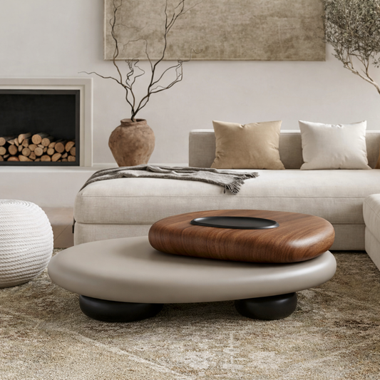 Modern Wooden Sculptural Low Coffee Table With Layered Pebble Top For Living Room