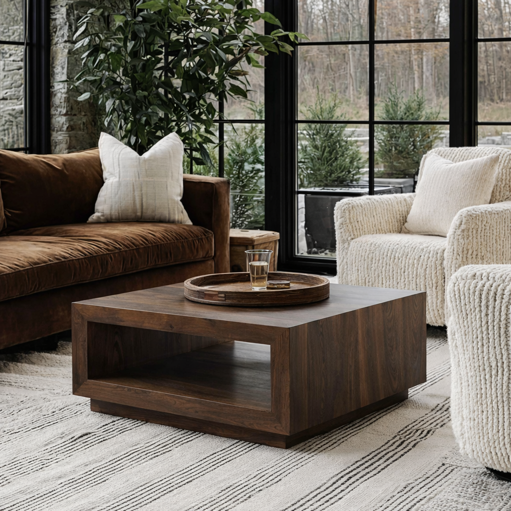 Modern Wooden Square Coffee Table With Open Shelf For Living Room