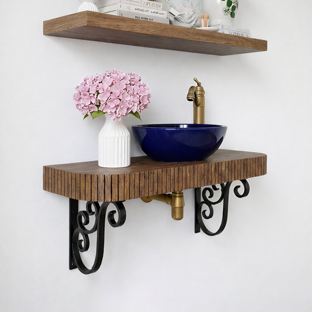 Modern Wooden Wall Mounted Bathroom Vanity Shelf With Metal Brackets For Bathroom