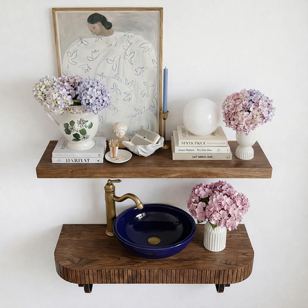 Modern Wooden Wall Mounted Bathroom Vanity Shelf With Metal Brackets For Bathroom