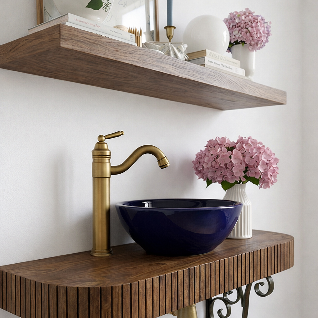 Modern Wooden Wall Mounted Bathroom Vanity Shelf With Metal Brackets For Bathroom