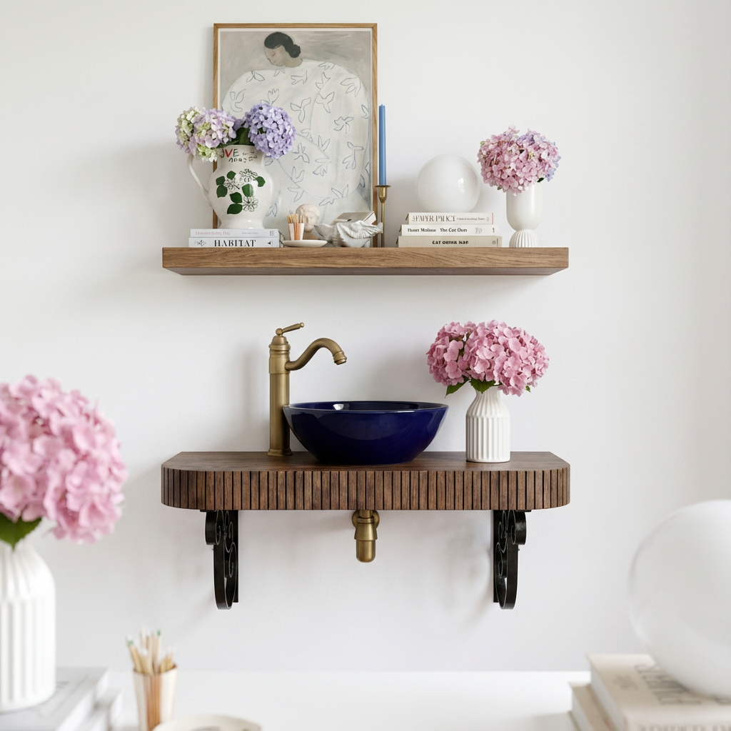 Modern Wooden Wall Mounted Bathroom Vanity Shelf With Metal Brackets For Bathroom