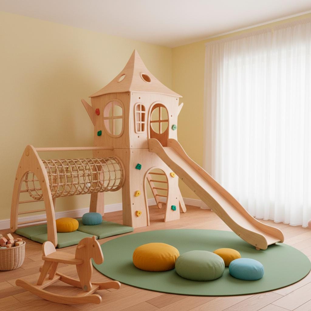 Wooden Indoor Playset for Children, Climbing Net, Slide, and Integrated Play House for Kids