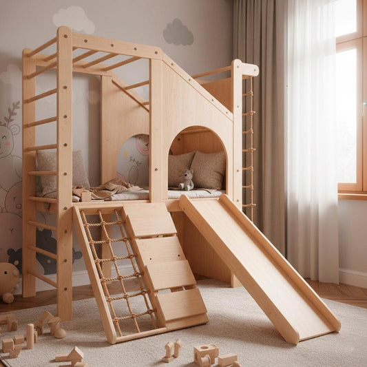 Playground for kids with Swedish Wall, Climbing Net, Slide, and Integrated Play House for Kids