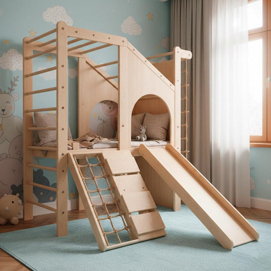 Wood Indoor Playground with Swedish Wall, Climbing Net, Slide, and Integrated Play House for Kids