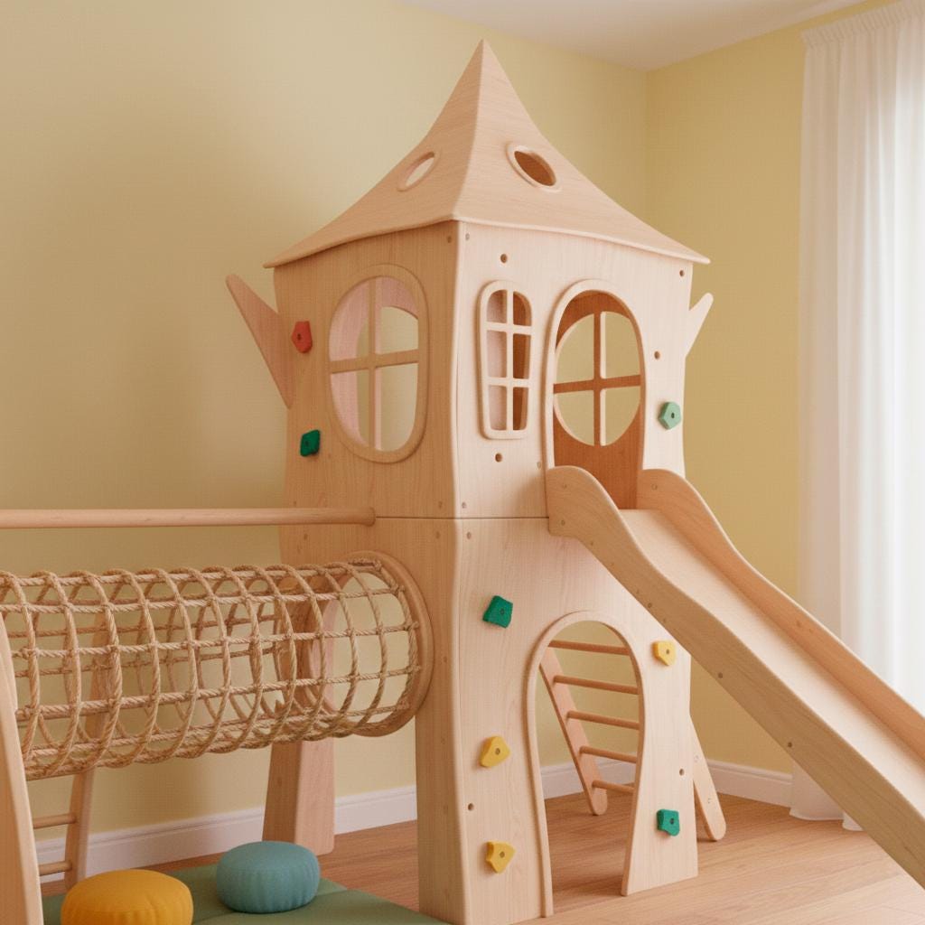 Wooden Indoor Playset for Children, Climbing Net, Slide, and Integrated Play House for Kids