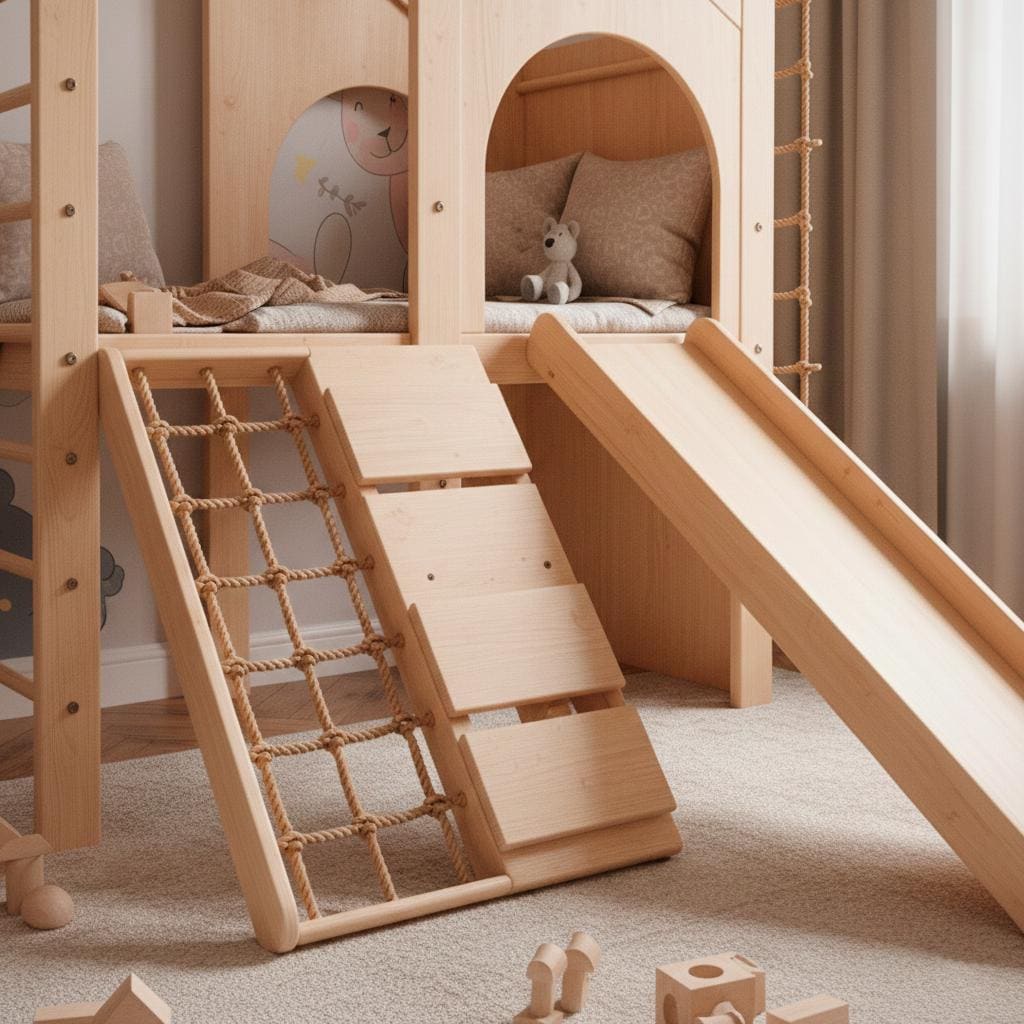 Playground for kids with Swedish Wall, Climbing Net, Slide, and Integrated Play House for Kids