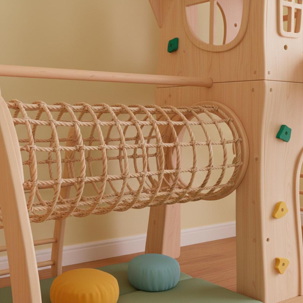 Wooden Indoor Playset for Children, Climbing Net, Slide, and Integrated Play House for Kids