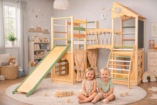 Wooden Indoor Playground for Kids – Climbing Frame with Bridge, Ladder & Playhouse, Montessori Playset Ages 3-14
