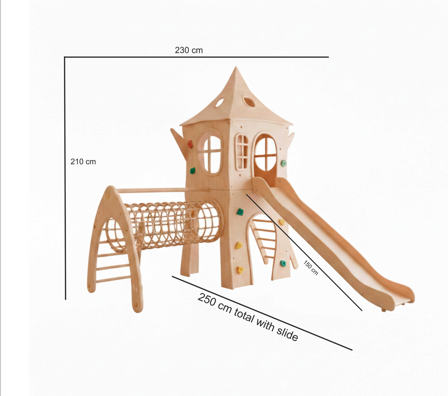 Wooden Indoor Playset for Children, Climbing Net, Slide, and Integrated Play House for Kids