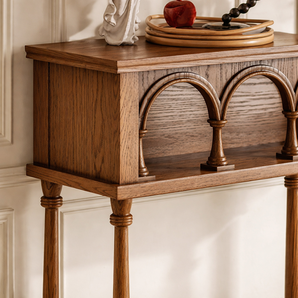 Traditional Wooden Console Table With Arched Gallery And Lower Shelf For Living Room