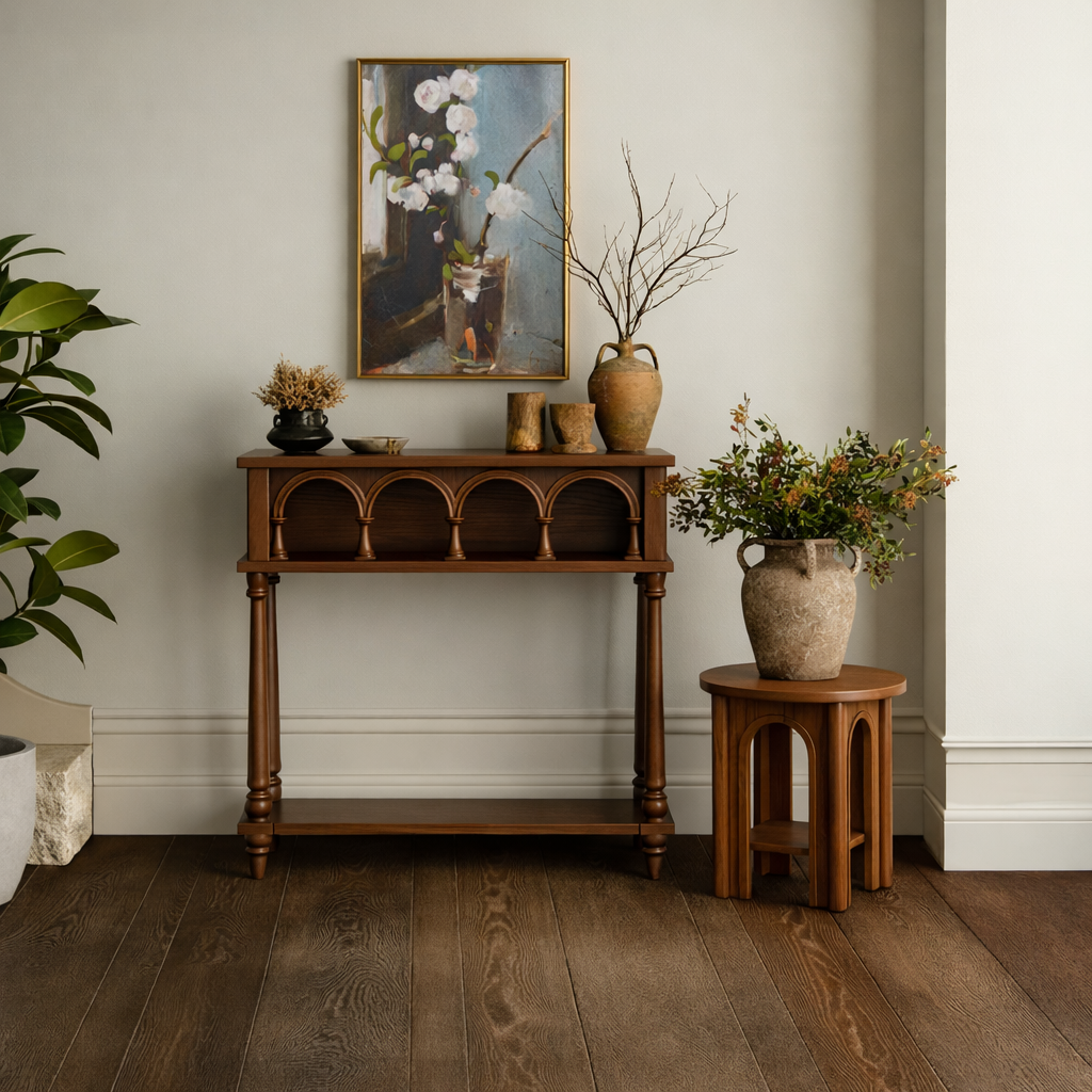 Traditional Wooden Console Table With Arched Gallery And Lower Shelf For Living Room
