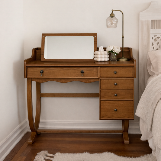 Traditional Wooden Makeup Vanity Desk With Flip Up Mirror And Storage Drawers For Bedroom
