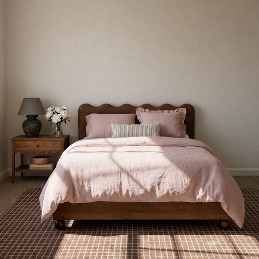 Wooden Bed Frame With Scalloped Headboard And Low Profile Design For Bedroom