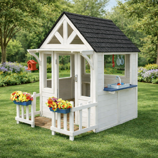 Wooden Kids Playhouse With Porch Fence For Outdoor