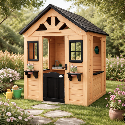 Wooden Kids Playhouse With Windows And Cottage Roof For Outdoor