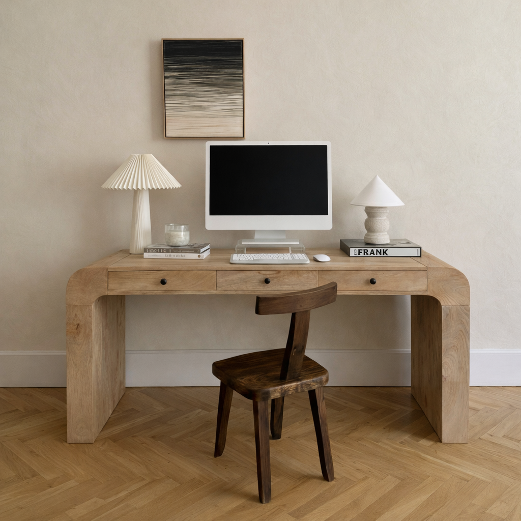 Wooden Office Desk With Rounded Edges And Storage Drawers