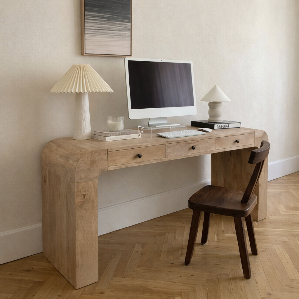 Wooden Office Desk With Rounded Edges And Storage Drawers