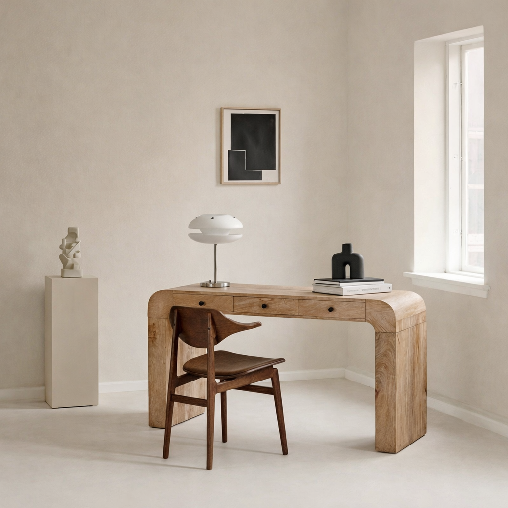 Wooden Office Desk With Rounded Edges And Storage Drawers