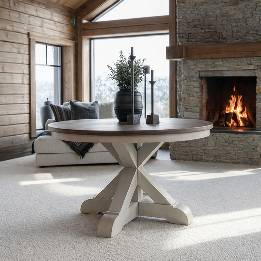 Wooden Round Dining Table With Pedestal Base And X-Leg Design